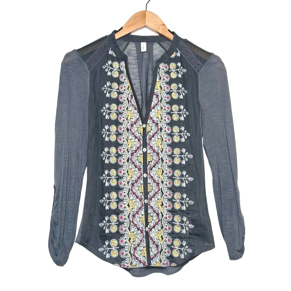 TINY Anthropologie | Women | Silk Cotton Roll Tab Embroidered Boho Top | XS